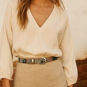 Vintage 1980s Elite Woven Tapestry Belt L Boho Southwestern Western Style